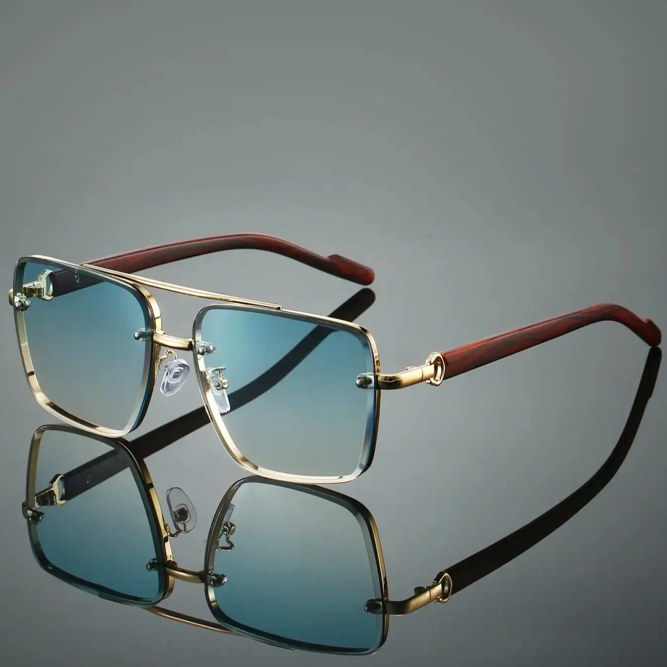 Square Full Frame Eyeglasses for Men, Retro Dual Bridge Vintage Glasses with Imitation Wood Texture Temples, Premium Metal Frame Decorative Eyewear, Classic Trendy Fashion Eyewear, All-Match Stylish Accessory for Daily Outfits