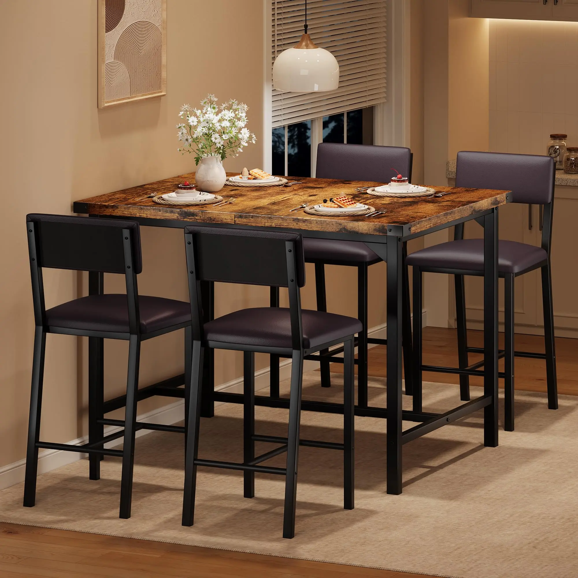 Garvee Dining Table Set for 4 w/Counter Height Table & 4 Upholstered Bar Stools, 5-Piece Kitchen Table Set with Footrest & Corner Protector, for Kitchen Room, Apartment, Pub