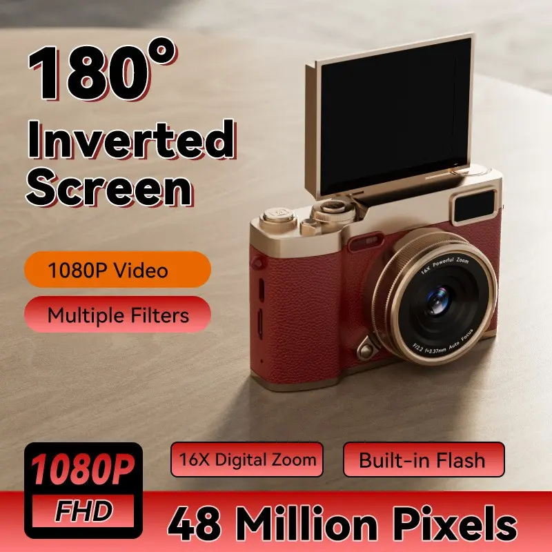 Portable Digital Camera, 18x Optical Zoom, 48mp, Auto Focus, 4K Video, Face Detection, 2.4'' Flip Screen, Rechargeable Battery, Ideal for Beginners
