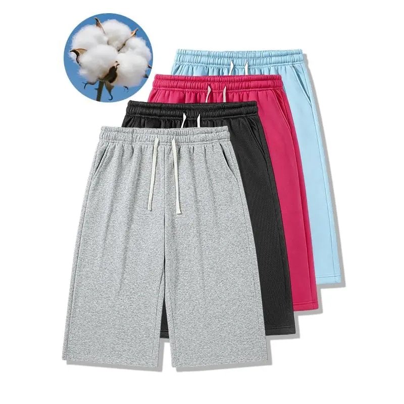 Loose straight cut cotton athletic knee shorts featuring stretch ribbed waist matching drawcord side storage pockets skin-friendly pure cotton textile roomy comfortable fit multi-scene functional piece for workout street mensfashion outfits
