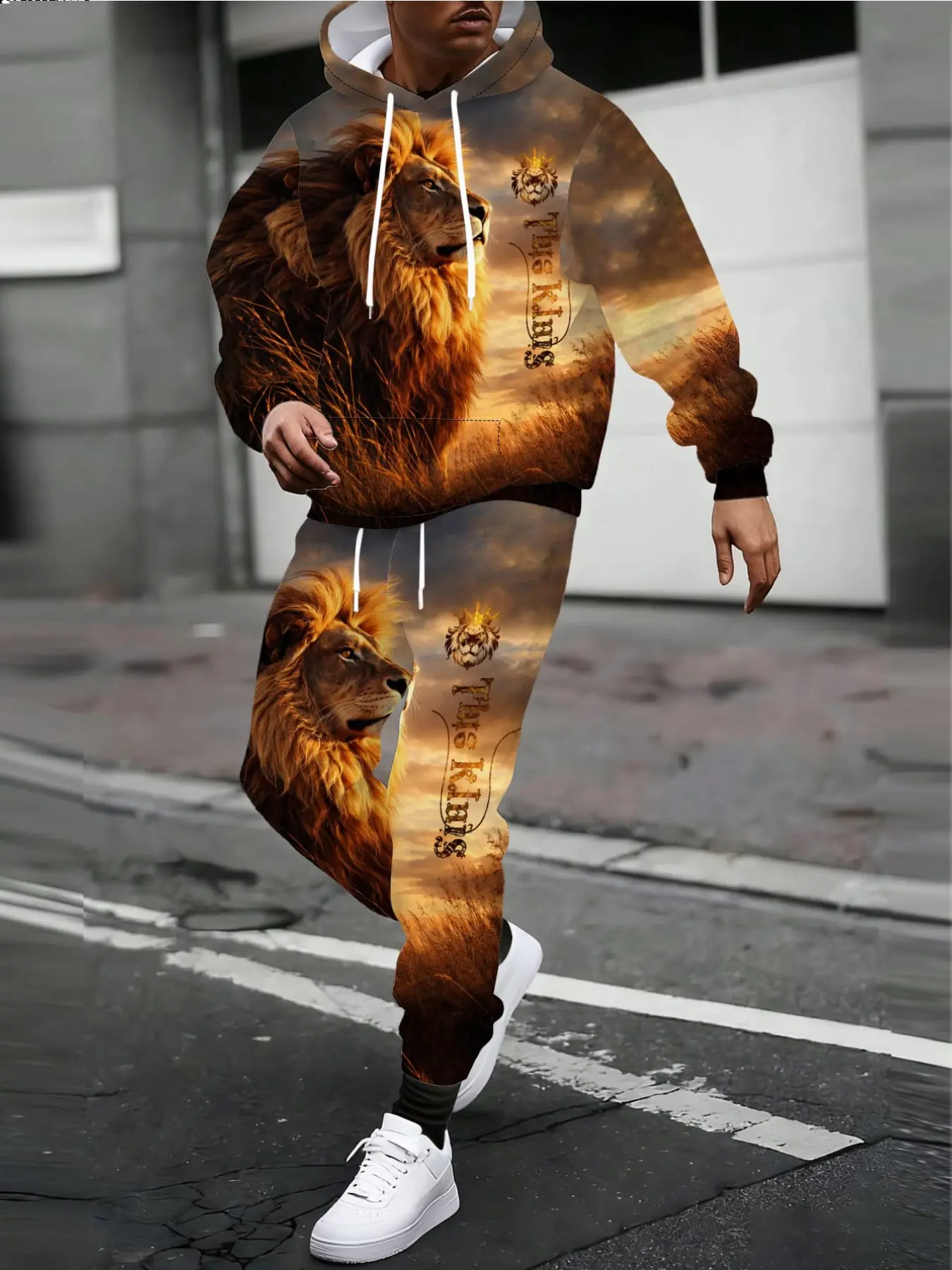 Men's 3D Printed Lion Sweatshirt and Pants Set, Casual Long Sleeve Pullover, Slim Fit, Fall & Winter, Ankle Length