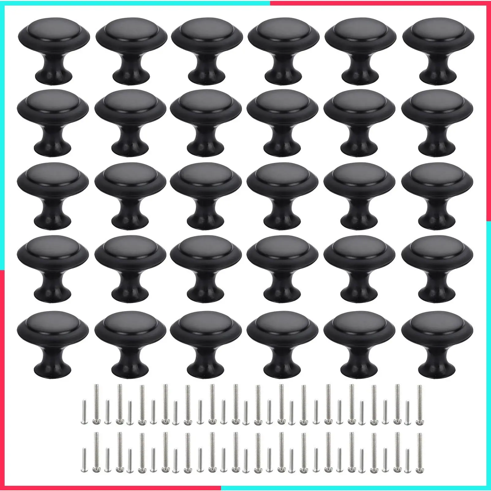 Cabinet Knobs, 30 PCS 30mm Dresser Knobs, Premium Drawer Knobs, Metal Furniture Handles, Black Zinc Door Knobs for Closet- 1-1/6 Inch Diameter Round Drawer Pulls Kitchen Knob Hardware with Screws DIY