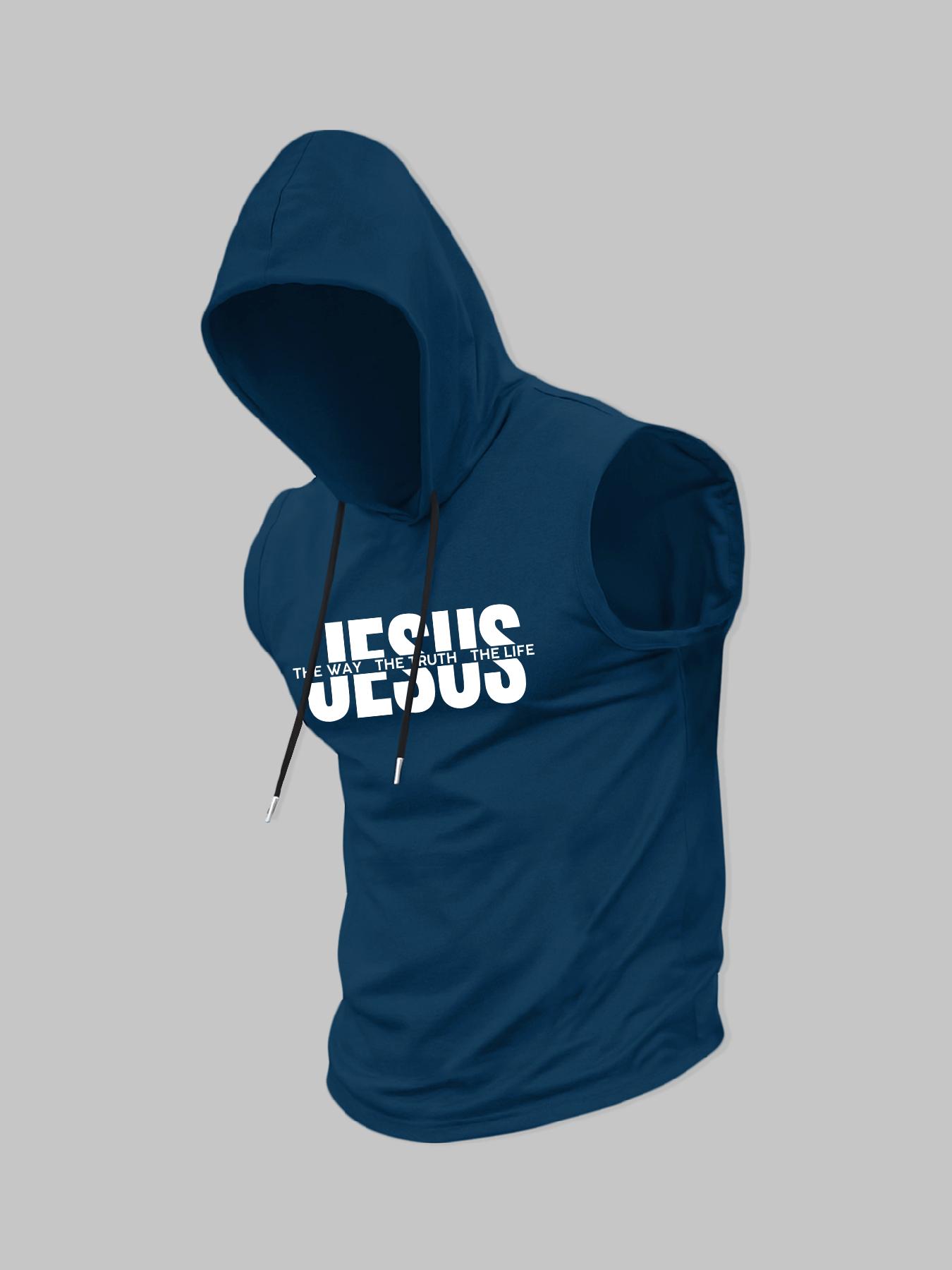 Men's Jesus Print Hooded Tank Top, Regular Fit Casual Sleeveless Hoodie Vest for Summer, Men's Top for Daily Wear, Workout Tank Top, Socks