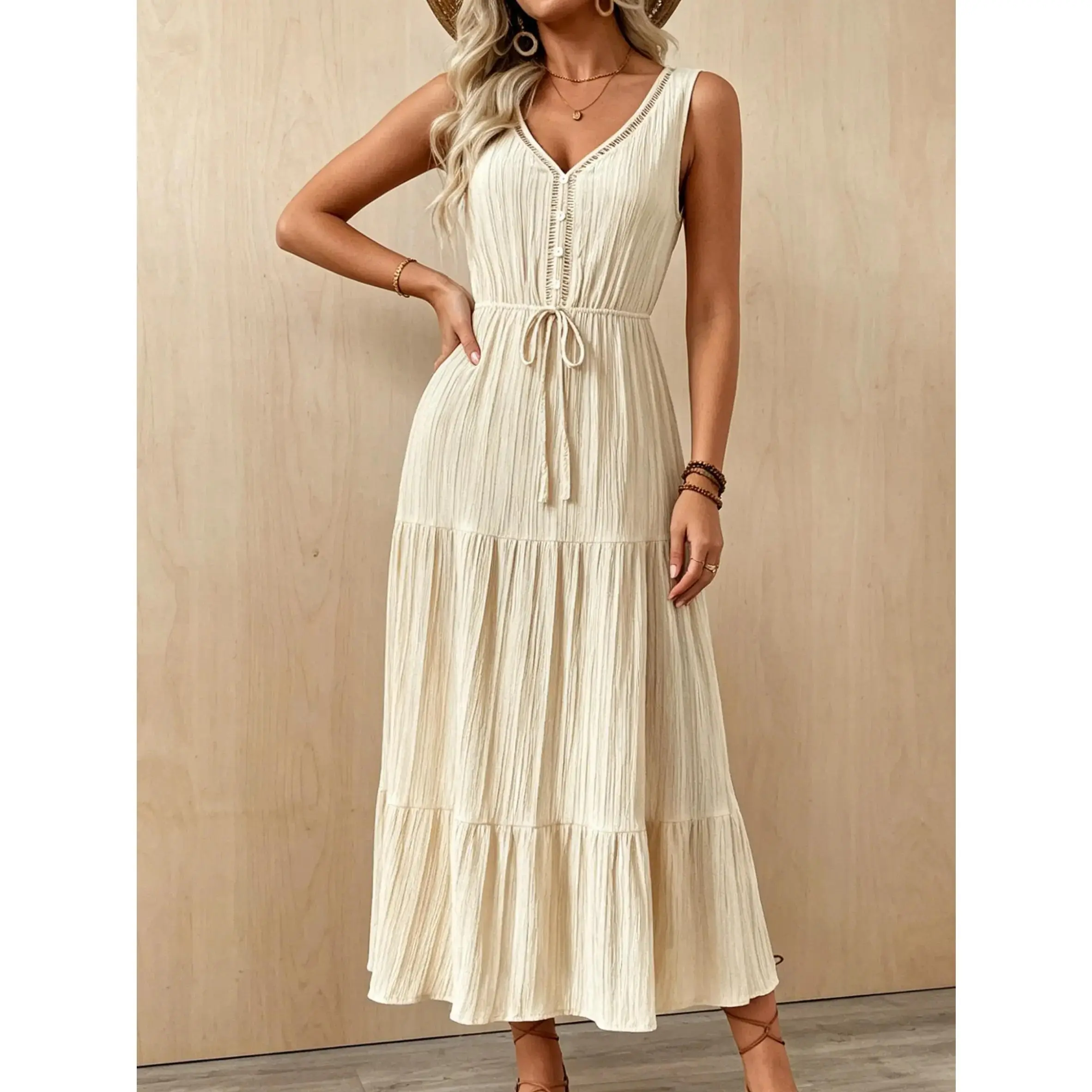 Womens Boho V-Neck Sleeveless Maxi Dress Tiered Flowy Sundress Drawstring Waist 80% Viscose 20% Polyamide 2026 Summer Vacation Resort Wear Textured Crinkle Casual Beach Outfit Elegant Everyday Apparel Flattering Solid Color Cover Up