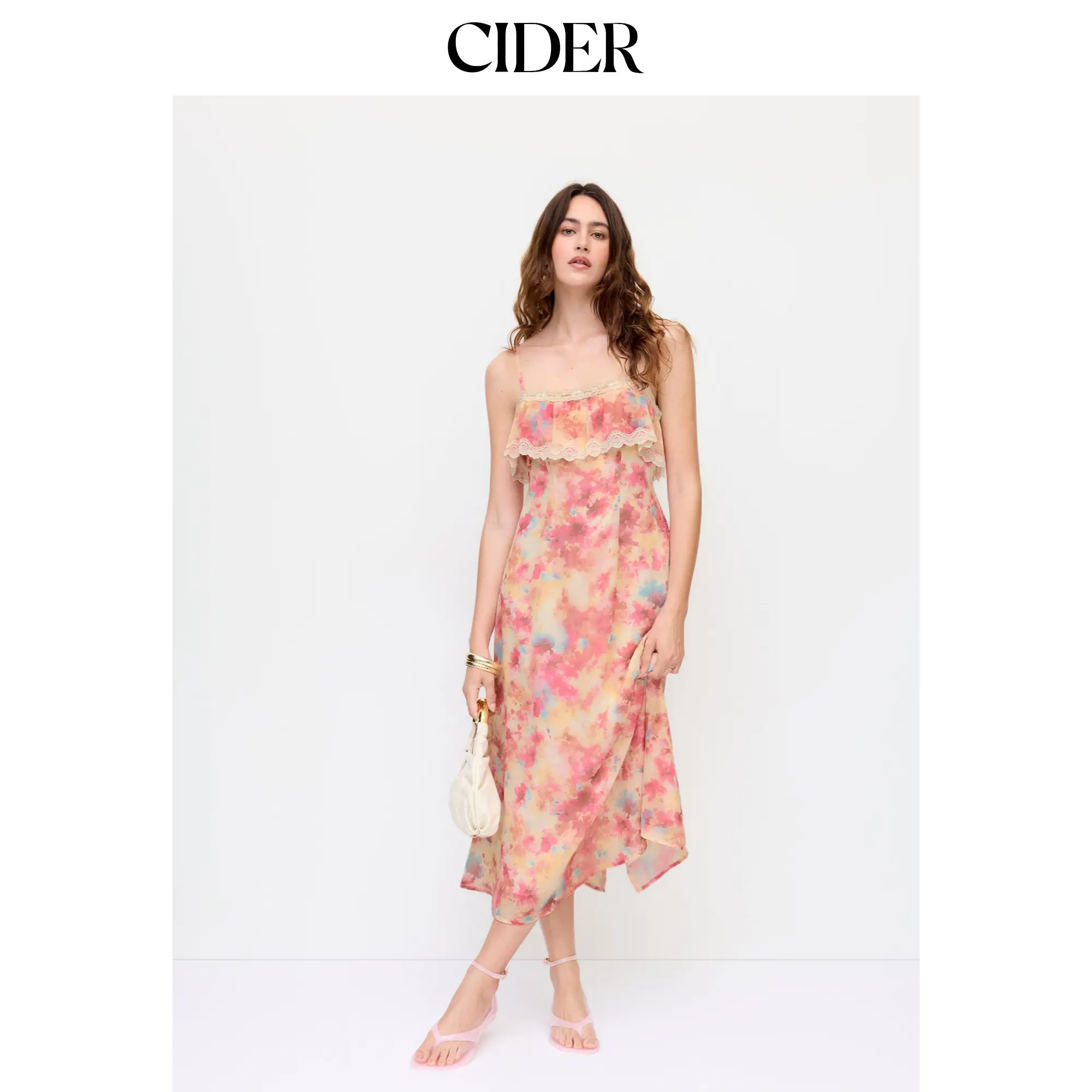 Cider Chiffon Abstract Lace Trim Square Neck A-line Maxi dress SummerFinds