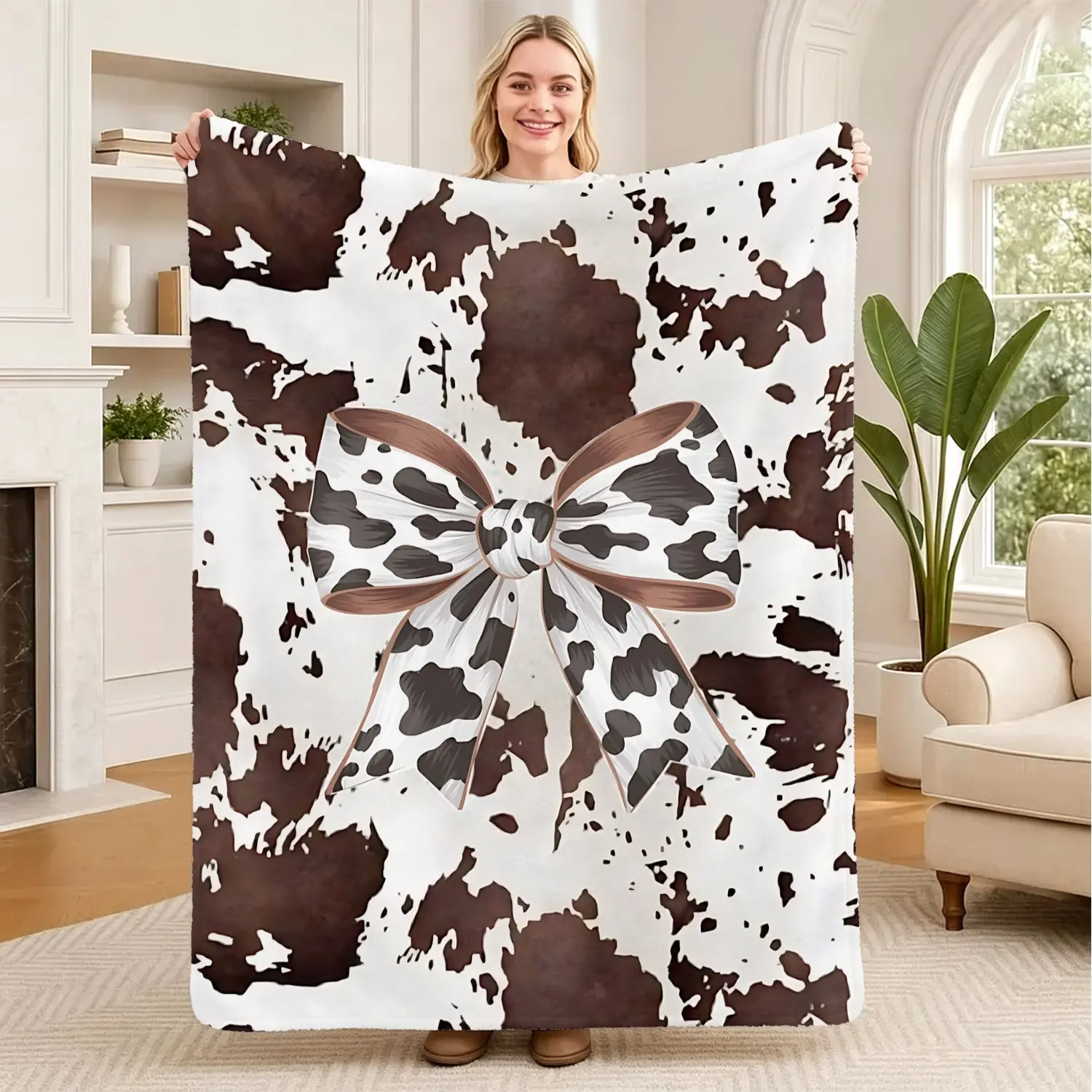 Cow Print Cow Bow Pattern Throw Blanket, Soft Flannel Decorative Blanket, for Sofa, Bed, Couch, Camping, All Season Warm Blanket, Boho Bedroom Decor, Cute Gift for Cow Print Lovers