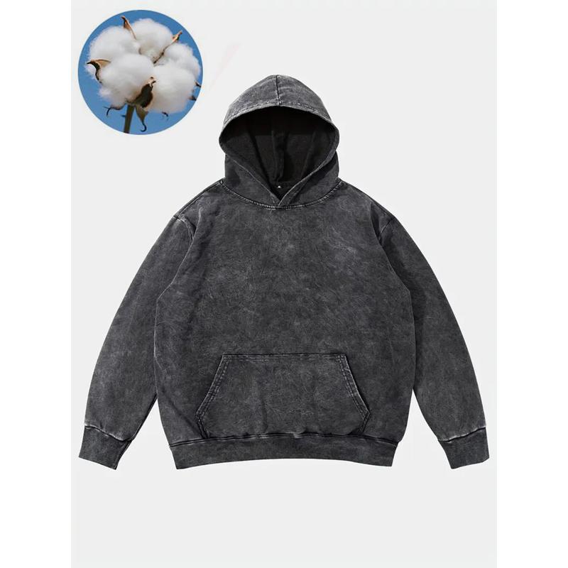 Vintage washed cotton hooded sweatshirt with classic kangaroo pocket and ribbed cuffs, loose relaxed heavyweight cotton fabric faded textured casual silhouette timeless streetwear staple for laid-back modern mensfashion styling