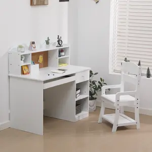 Kids Desk and Chair Set, Kids Study Desk Set with Drawers and Storage Cabinet, White Wooden Student Writing Table with Height-Adjustable Chair for 5-12 Years Old Children Girls Boys, White