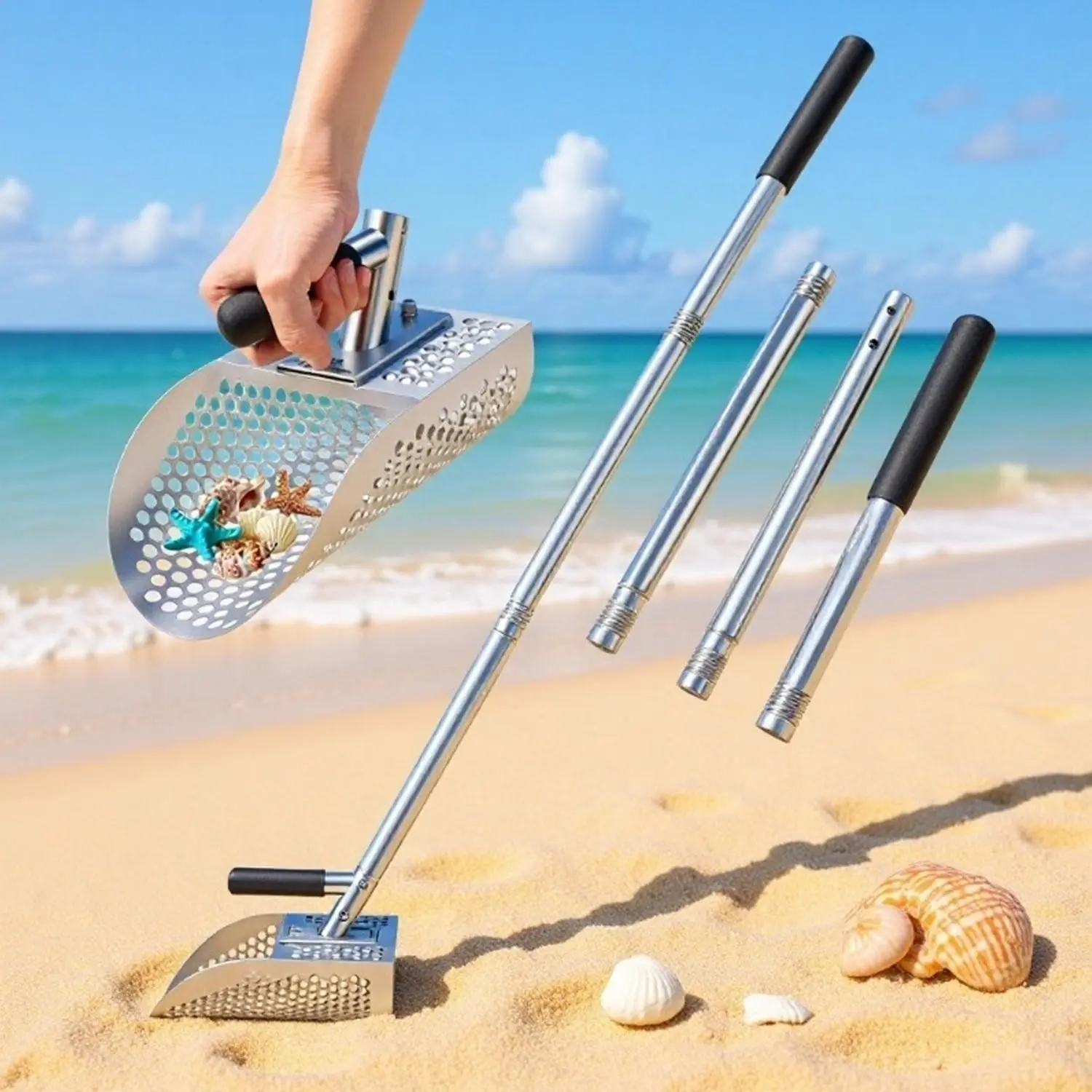 Detachable Long Handle Sand Shovel, Stainless Steel Metal Detecting Tool, Sand Sifter Garden Rake, Beach Digging, Treasure Hunting