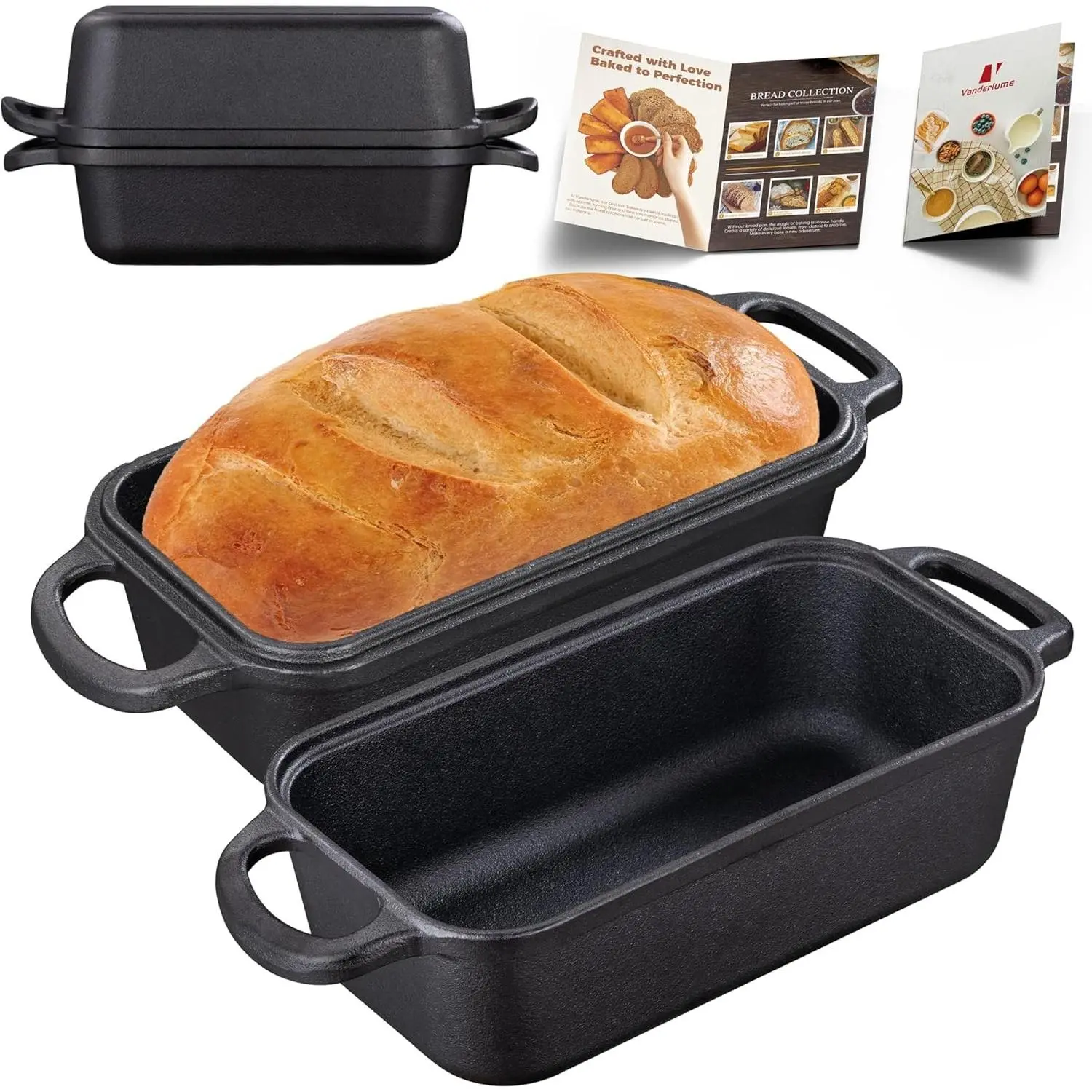 Cast Iron Loaf Pan with Lid, 9x5 in 2-in-1 Baking Pan for Sourdough Homemade Bread, Even Heat Distribution