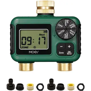 2 Outlet Sprinkler Timer, Brass Inlet & Outlet, Programmable Automatic Irrigation Controller, Rain Delay, Manual Watering, 2 Zone Water Hose Timer for Gardens, Lawns, and Hose Systems