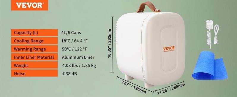 VEVOR Mini Skin Care Fridge, 4 L/6 Can Cute Makeup Fridge for Cosmetics Beverage Fruit Milk, AC/DC Cooler & Warmer, Mute Tiny Refrigerator for Bedroom Office Dorm Desk Car, ETL Certified, White