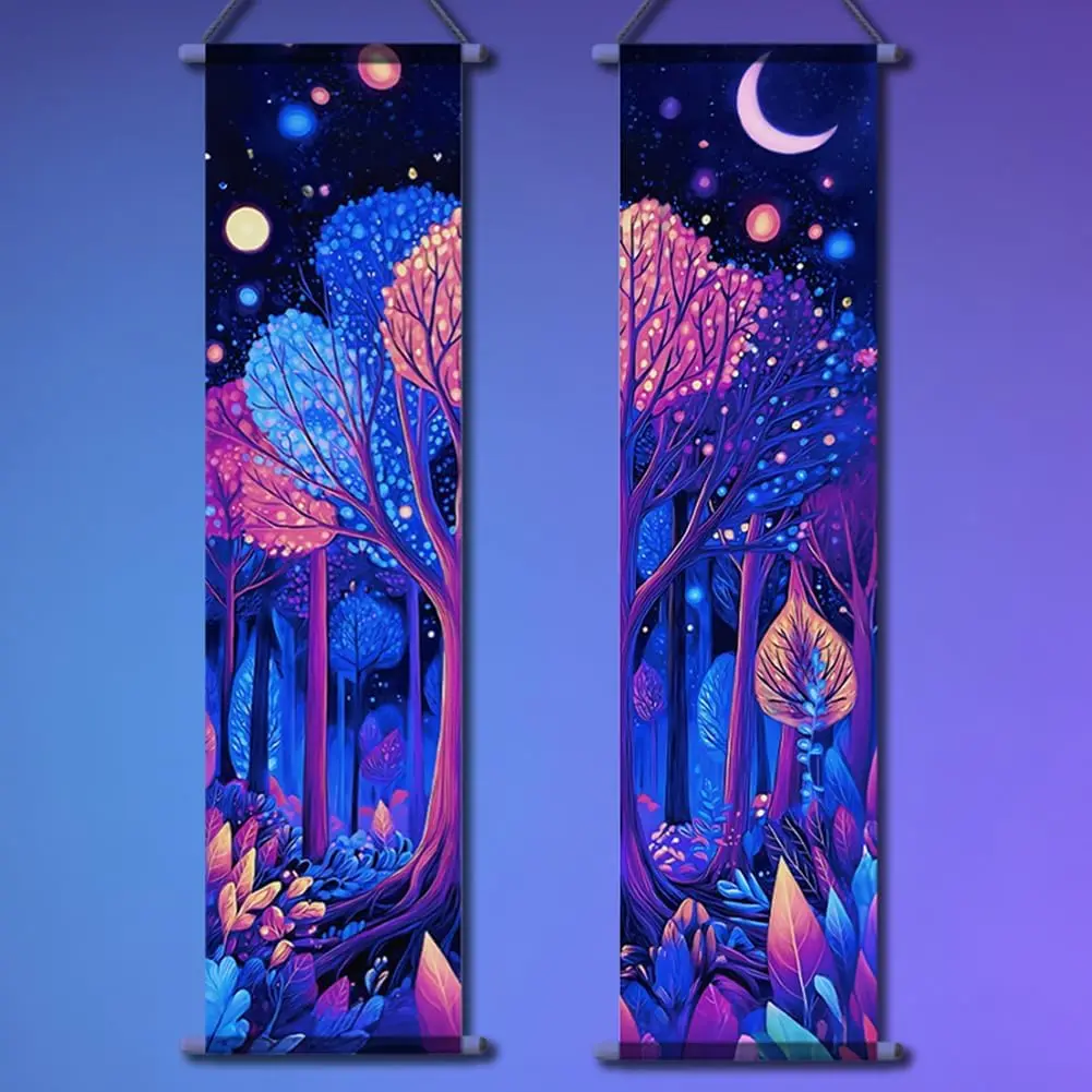 TNKBREEZE 2Pcs Blacklight Tapestry Forest Starnight Decorative Wall Tapestrys for Playroom Livingroom Bedroom Plants Luminous Polyester Tapestry Set with Wood Bar Rope Hooks 51x13inch