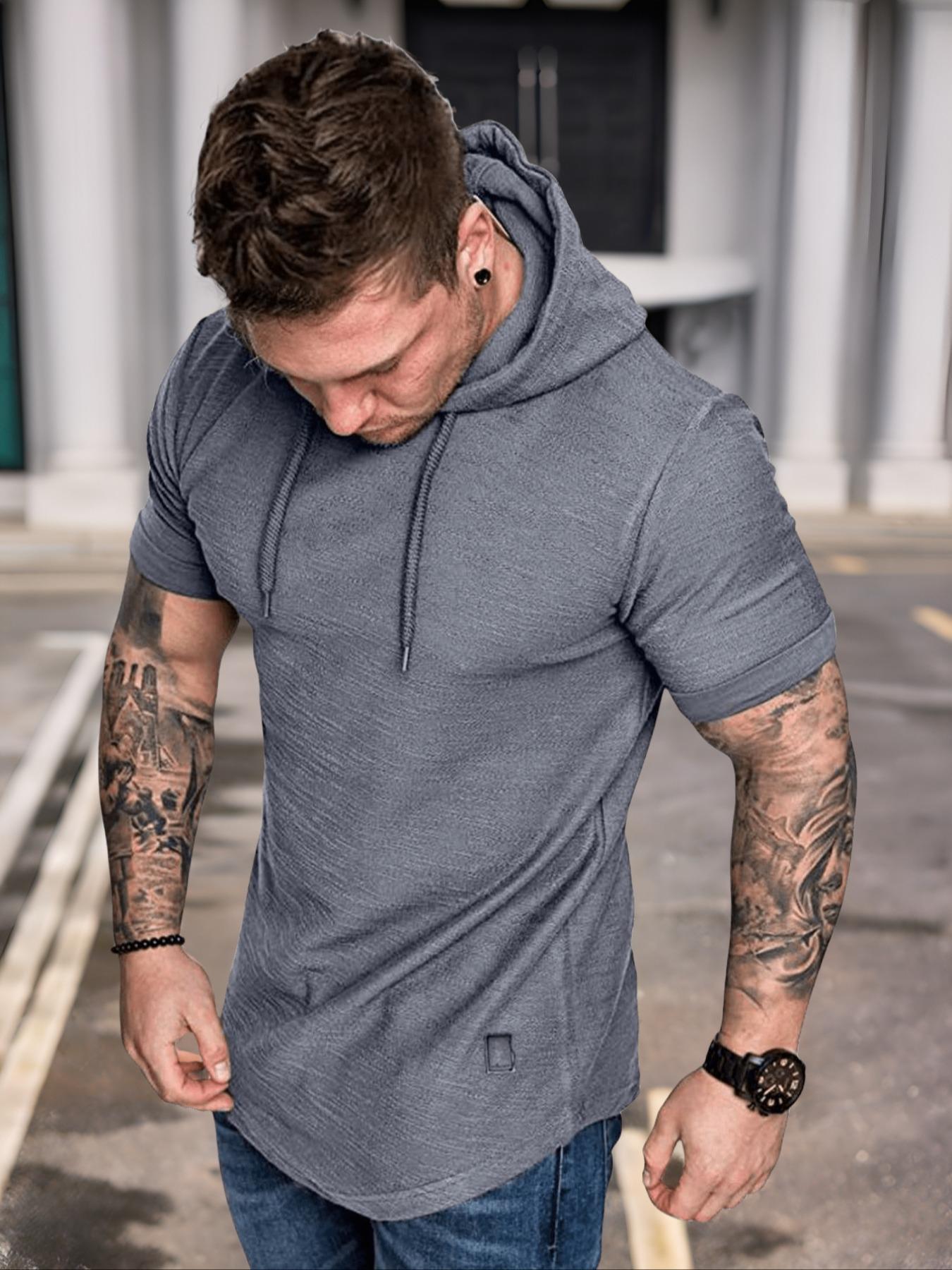 Men's Solid Plain Drawstring Hooded Jersey Tee, Casual Regular Fit Short Sleeve T-Shirt for Summer, Menswear for Daily Wear