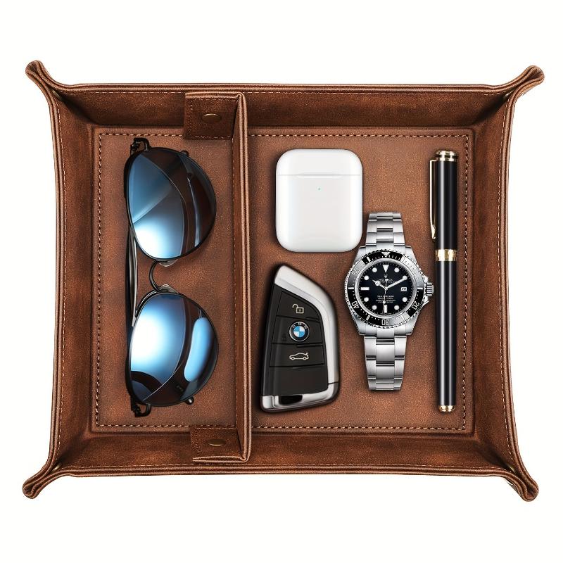 Vintage-Style Brown PU Leather Durable Valet Tray Organizer et90173 - Multifunctional Tabletop Storage with 2 Compartments, Snap Corners, Water-Resistant, Scratch-Proof for Jewelry, Keys, Wallet - Ideal Gift for Men, Desktop Storage