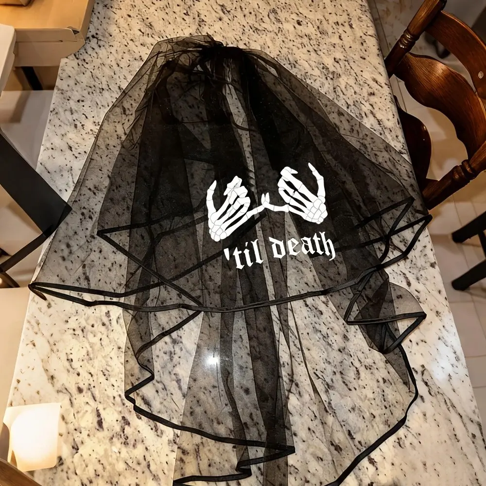 Til death Goth black short veil with comb, Mantilla veil, Gothic Halloween alternative Wedding veils for brides Til death do us part Bachelorette hen Party Girls Trip bridal shower decoration bride Future Mrs gift photo props