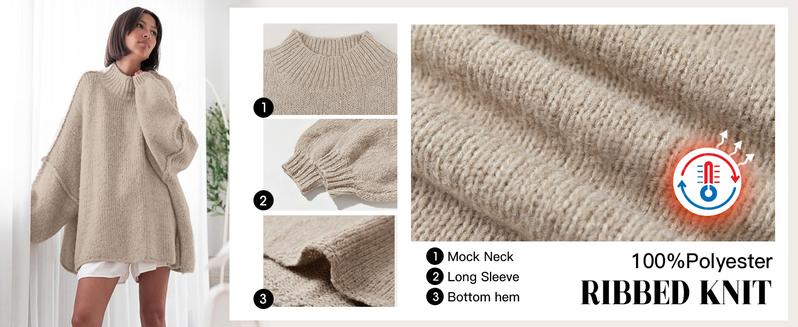 PiePieBuy Womens 2025 Trend Oversized Sweater - Mock Neck Batwing Sleeve Tunic Ribbed Knit Fall Top