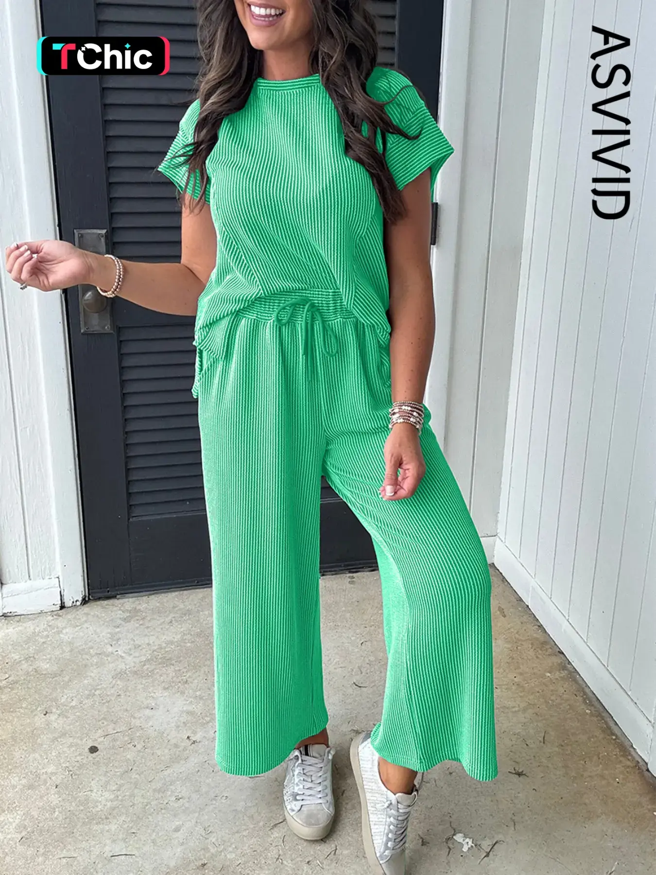 Women's Twisted Ribbed Knit Solid Color Set - Round-neck Short Sleeve T-Shirt & Wide Leg Pants with Side Pockets, Casual Comfy for Summer Daily Wear, Clothes