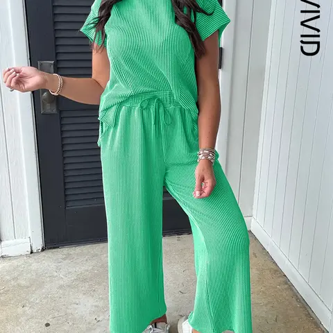 Women's Twisted Ribbed Knit Solid Color - Round-neck Short Sleeve T-Shirt & Wide Leg Pants with Side Pockets, Casual Fitted Set, Casual Comfy for Summer Daily Wear, Clothes