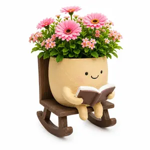 Smile Reading Resin Flower Pot, Cute Bookworm Planter with Drain Holes, Multi-Use Succulent Container and Pen Holder, Indoor Outdoor Decor