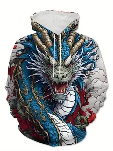 3D Full Print Blue Scales Gold Dragon Hoodie, Loose Fit Long Sleeve Sweatshirt, Casual Asymmetrical Design for Fall & Winter