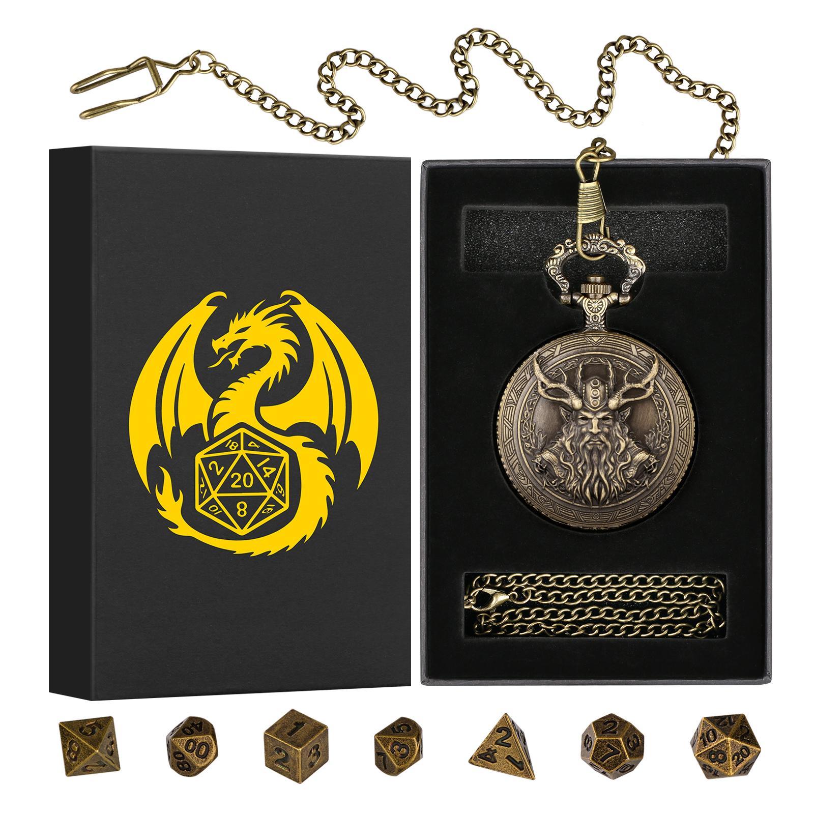 Druid Half Orc Design Pocket Watch Gift Box Set, 1 Set Vintage Pocket Watch with 1 Count Chain & 7 Counts Dice, Role Playing Game Dice Props