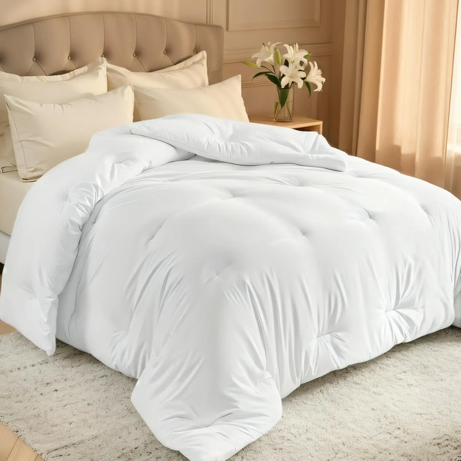 Comforters King Size, All Season Quilted Bed Comforter,-Soft Down Alternative Duvet Insert with 4 Tabs, Lightweight Bedding Blanket - Machine Washable, White