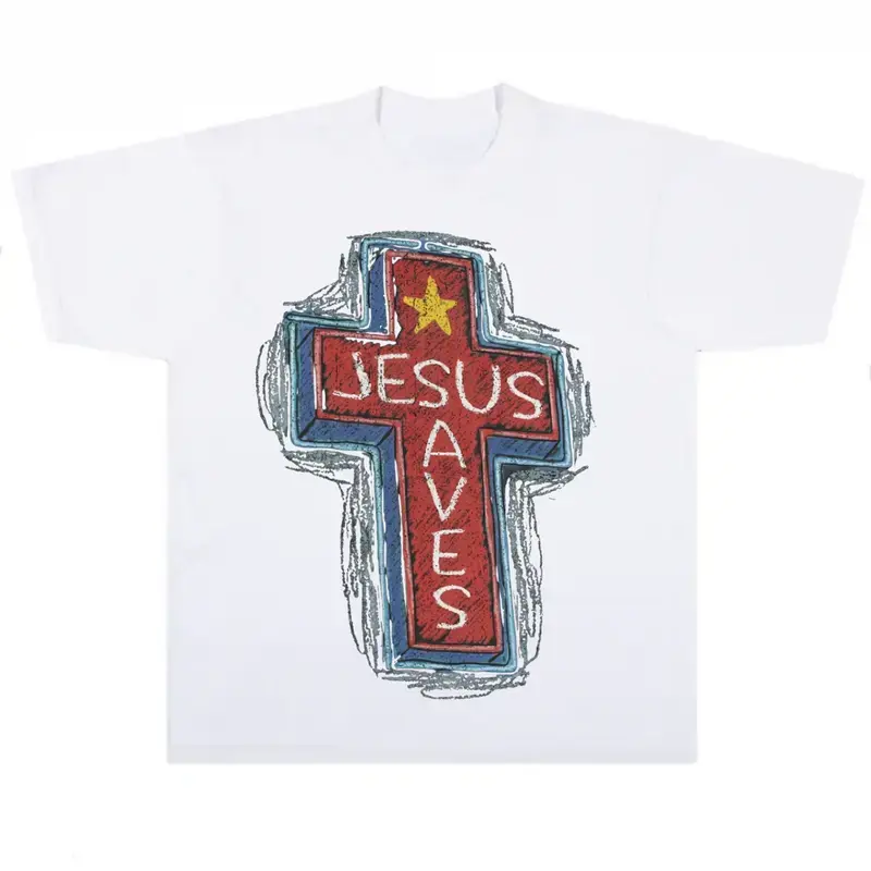 Jesus Saves Hand Drawn Cross Graffiti Graphic Oversized Comfort Cotton T-Shirt, Religious Faith Fashion Outfit, Warm Valentine Gift For Christian Believers Family Friends, Vintage Art Casual Tee