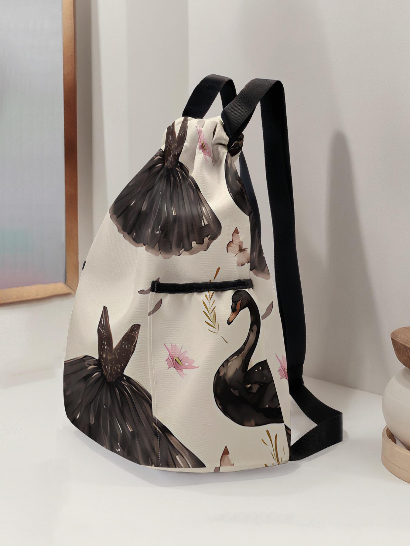 Swan Print Drawstring Backpack, Large Capacity Durable Fitness Bag, Adjustable Straps, Sports Beach Bag for Men & Women