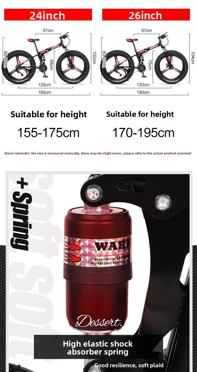 Folding Wide Tire Bicycle Large Thick Wheel Snow Bike Off-road Dual Disc Brake Shock Absorption Speed Mountain Bike for Men and Women Students