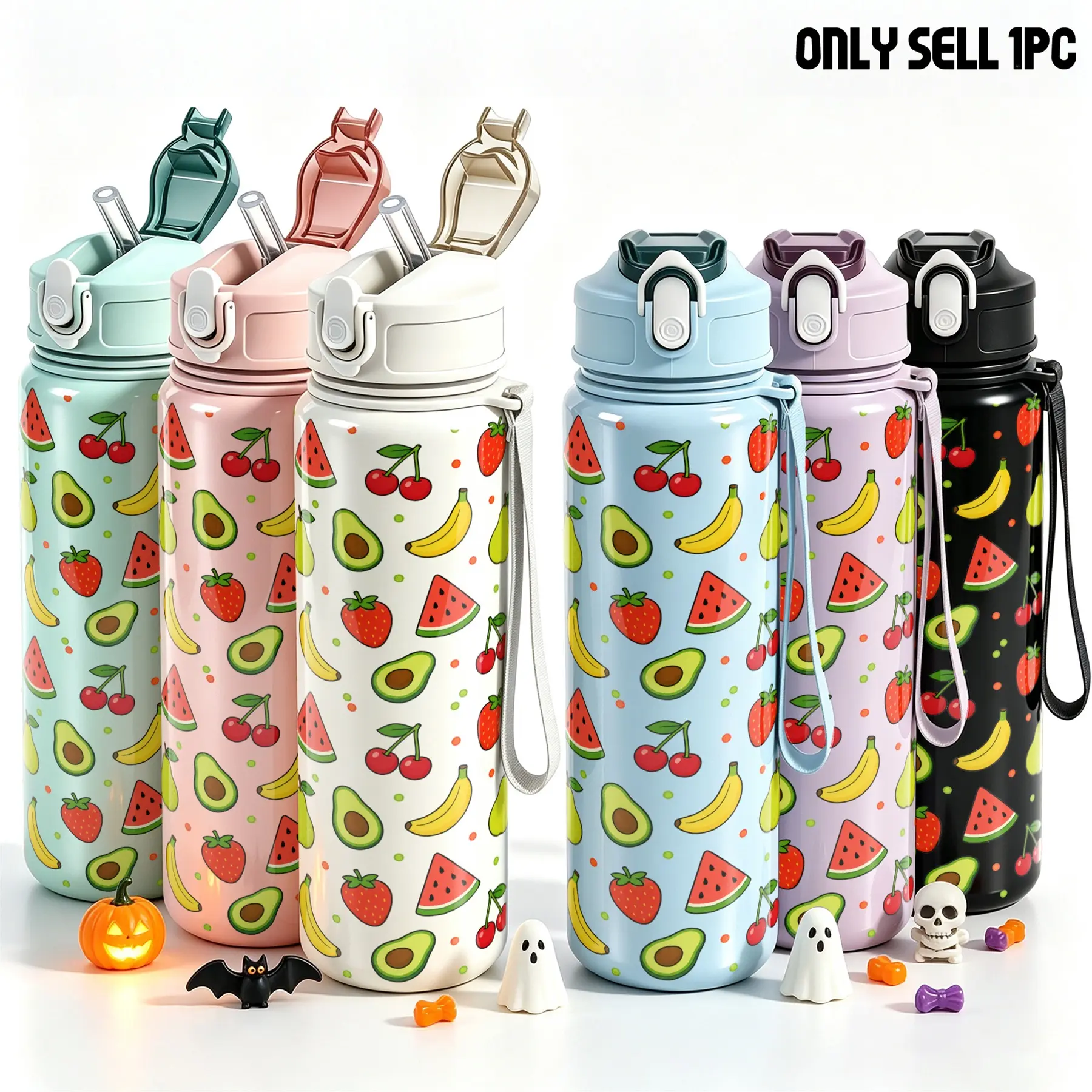 1pc 25oz Cute Halloween Water Bottle With Straw, Reusable Sports Bottle with Watermelon, Strawberry, Cherry, Banana, Avocado, Pear Prints, Portable Travel Hydration Bottle for Teen Girls, Women, Outdoor Activities, Halloween Gift