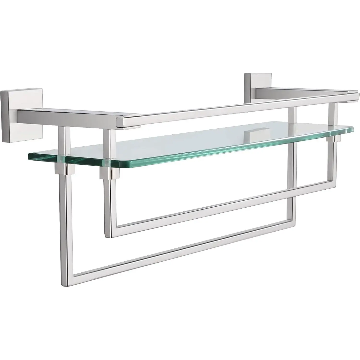 Bathroom Shelf with Towel Bars - 20-Inch  Floating Tempered Glass Shelves with 2 Rails for Bathroom Kitchen Accessories Organizer Glass Rack Wall Mount Stainless Steel Chrome, A7617CP