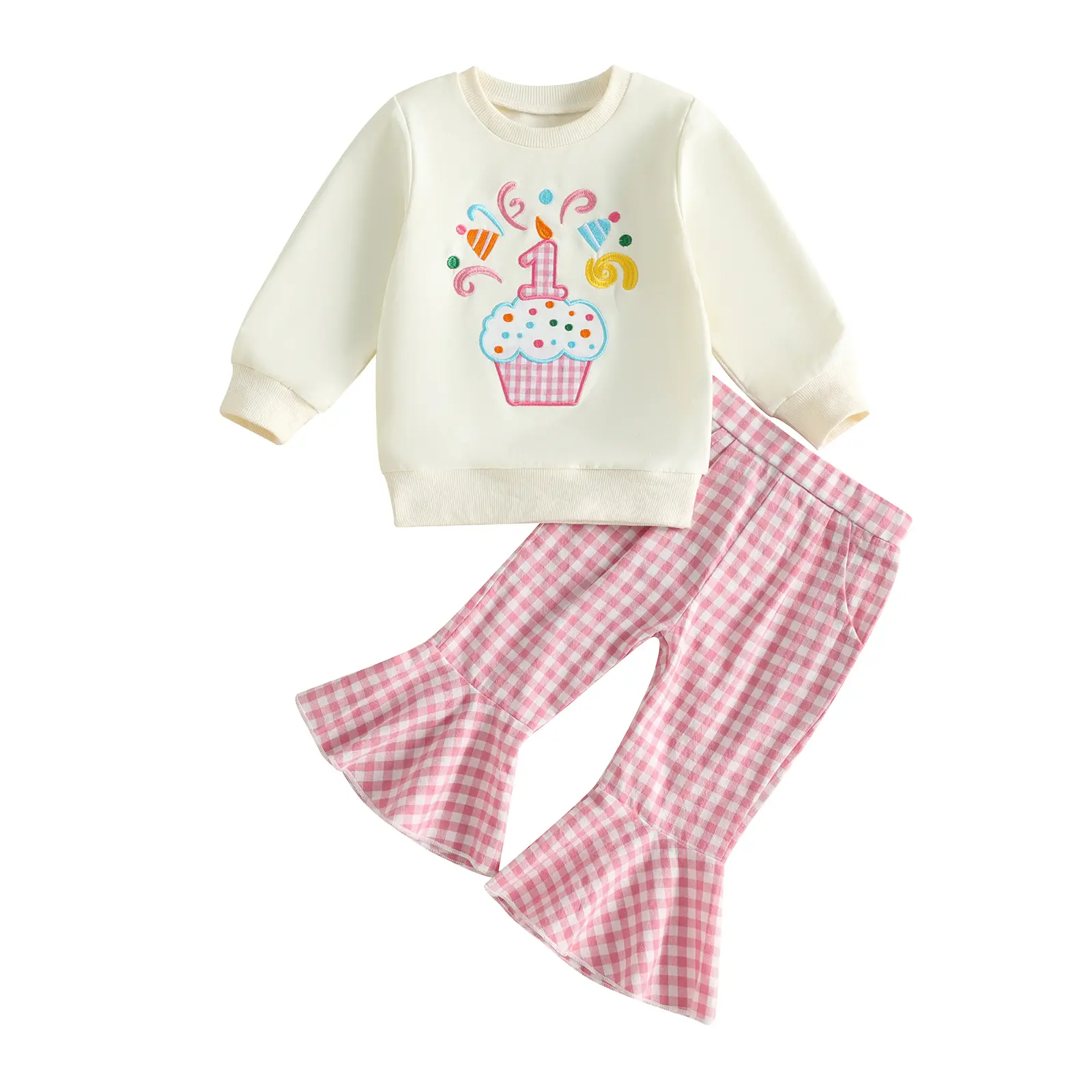 Infant Baby Girl 2-Piece First Birthday Outfit Set - 6-12-18 Months, Cupcake Embroidery Round Neck Long Sleeve Sweatshirt, Plaid Flared Pants for Fall Winter (Baby & Maternity Gift Set), Cute