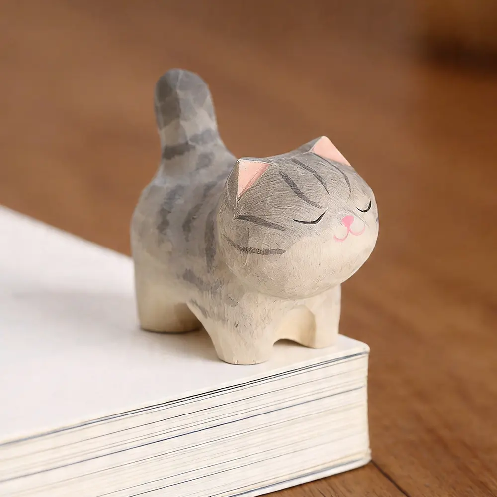 Hand Carved Silver Shaded Cat Wooden Figurine Tabletop Ornament Cat Kitten Cat Statue Lover Decor Gift for Birthday Christmas Valentine Holiday Present Collectible Figure