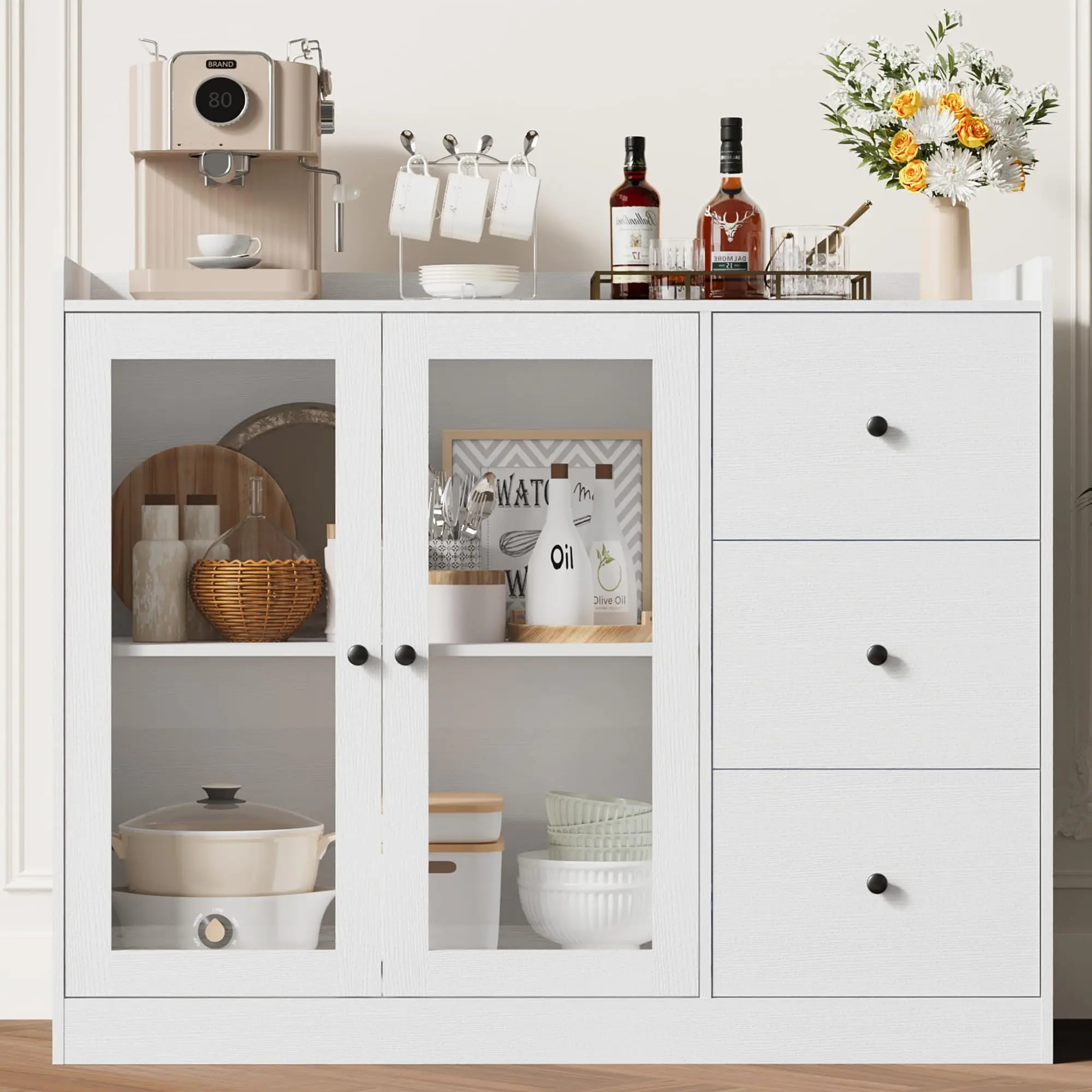 GARVEEKitchen Sideboard Cabinet, 43" Coffee Bar Cabinet with 3 Drawers and Doors, Farmhouse Buffet Cabinet with Microwave Stand, Perfect for Dining Room and Entryway, Distressed Gray Finish