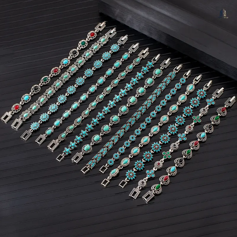 Bohemian Simulated Turquoise Bracelet with Ethnic Motifs & Rhinestone Accents - Vintage Western Tibetan Style Female Wear Hand Jewelry, Multiple Colors Premium Accessory for Vacation, Daily Outfit, Bangle Form, Turquoise Jewelry, Bangle Bracelet, Alloy Ch