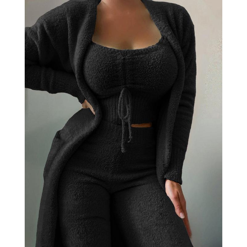 Women's Cozy Plush Loungewear Set Autumn Winter Solid Color 3-Piece Lace-Up Leisure Pajama Set for Home & Lounge Long Sleeve Minimalist Nightwear Fabric Womenswear Cardigan Matching Pants Top Homewear Pjs Basic Casual