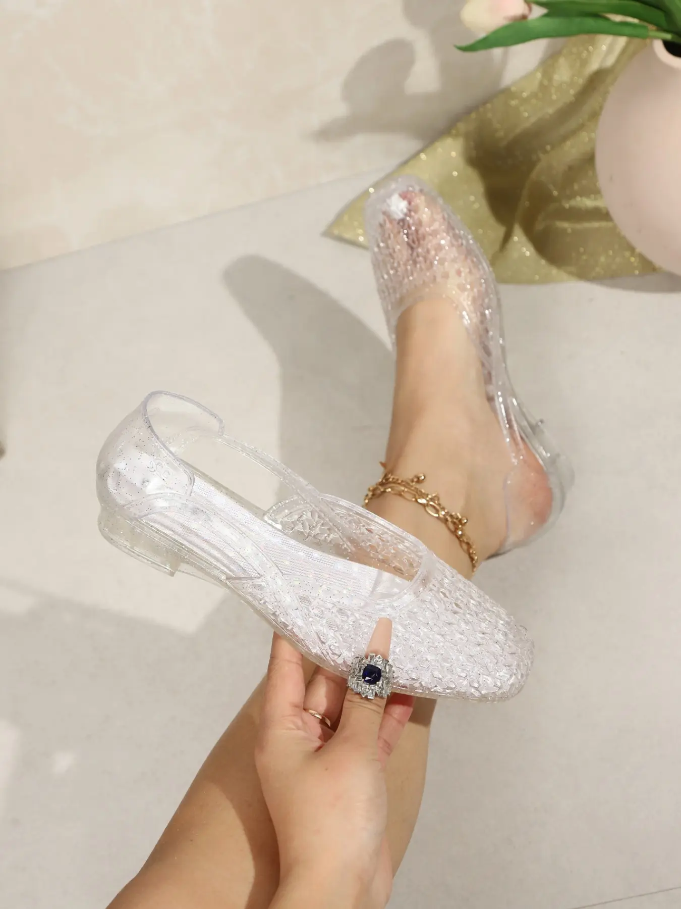 Women Glitter Hollow Jelly Flat Shoes, Square Toe Transparent Cutout Slingback, Lightweight Slip-On Summer Beach Flats for Ladies