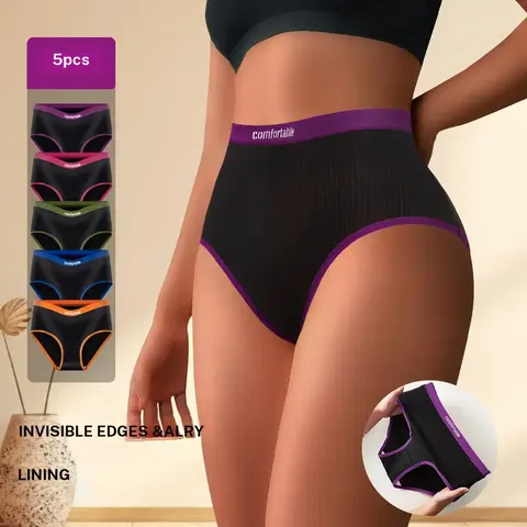 QUASTI High-Waisted 5-Piece Elastic Cotton Elastane Stretch Panties Set for Women, 5 Mixed Colors, Seamless Anti-Roll Edge, Breathable Simple Cheeky Briefs, Activewear Style, Fit for Sportswear & All-Day Wear, S-XXL (Cotton Underwear), 5 Pcs/ 5 Mixed Colo