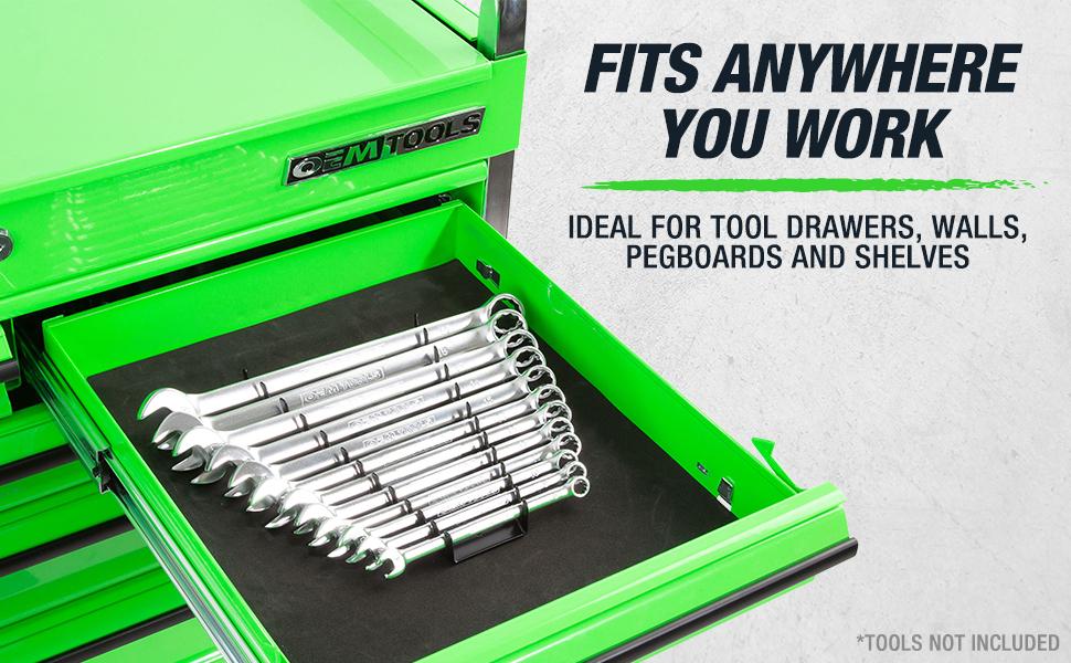 22176 Pro Wrench Organizer, 12 Wrench Rail, SAE and Metric Tool Drawer Organizers For Tool Boxes And Surfaces, Black