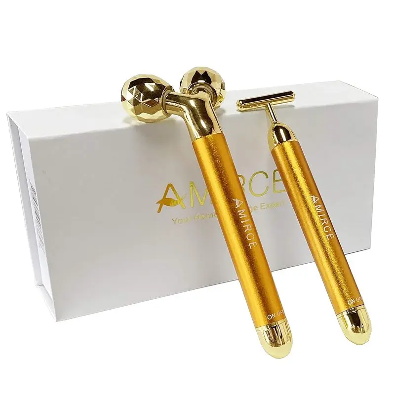 Electric Gold 3D V-Shaped & T-Shaped Facial Massage Roller Set with Gentle Vibration, for Lymph Drainage, Massage Face, Skincare Routine | Beauty & Personal Care Skincare Tool