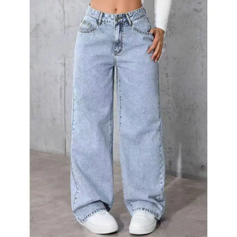 Women Front Button Pocket Straight-Leg Casual, Basic Loose Fit Oversize Denim Jeans Light Wash Cotton Woven For Daily Wear Pockets For All Seasons Baggy Pants Streetwear Low-Rise Non-Stretch Stacked Jeans Bottoms Womenswear