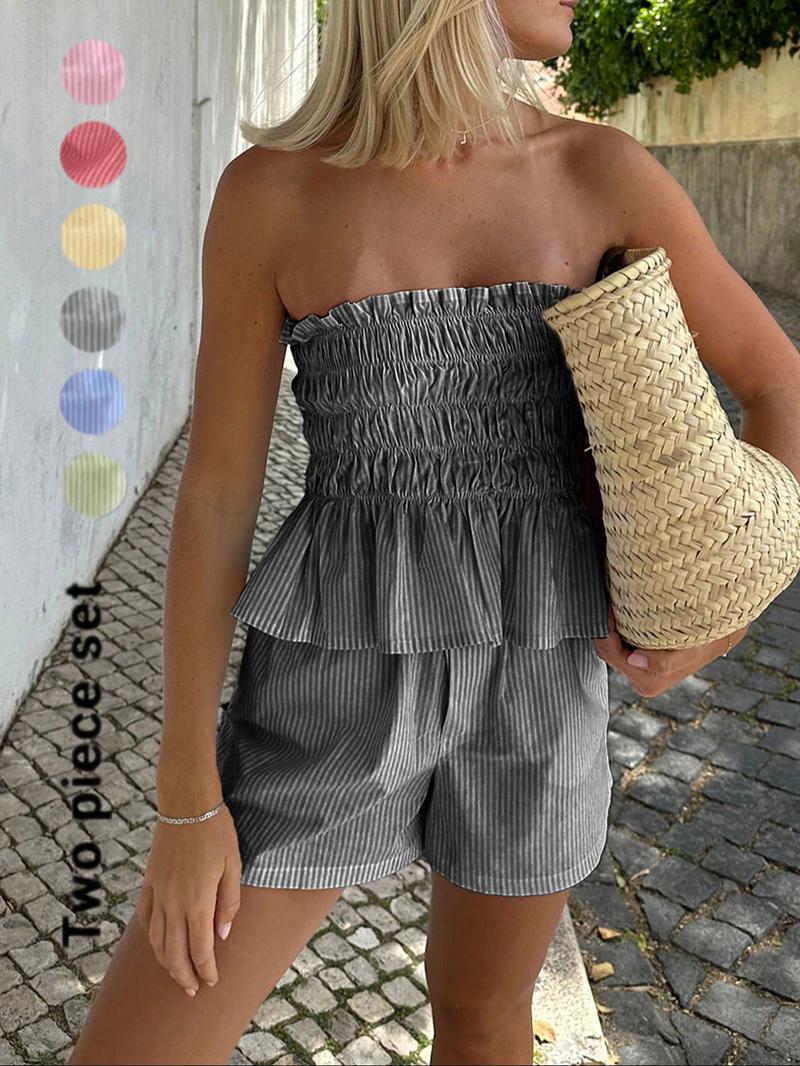 Two-piece Set Women's Striped Print Tube Top & Shorts Set, Casual Strapless Top & Shorts for Daily Wear, Ladies Clothes for Summer