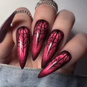 Medium-Long Stiletto Red & Black Contrast Spider Web Cat Eye Glitter Press-On Nails, Dark Gothic Hand-Painted Halloween False Nail Tips, Trendy Alternative Removable Nails, Comes with Jelly Glue & Nail File