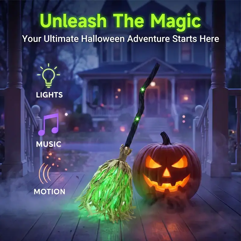 Halloween Witch Broom Decor, LED Glowing Motion Activated Musical Broom with Raffia Design, Spooky Outdoor Porch Decoration, Indoor Halloween Party Ornament, Festive Home Decor Gift