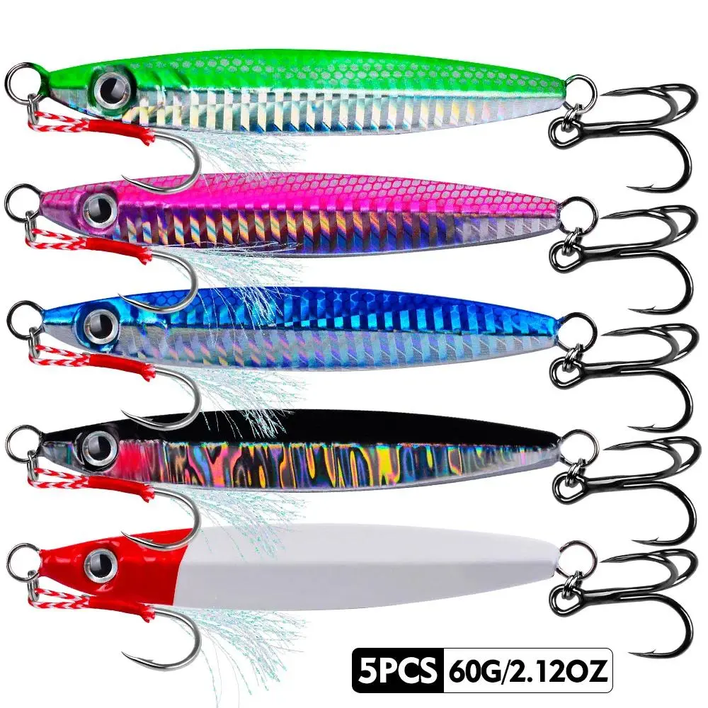 5-Piece Saltwater Fishing Lures Set, 10-60g Metal Jigs with 3D Eyes for Shore & Offshore Casting and Jigging, Lure Set, Fishing Jigs, Artificial Fishing Lure