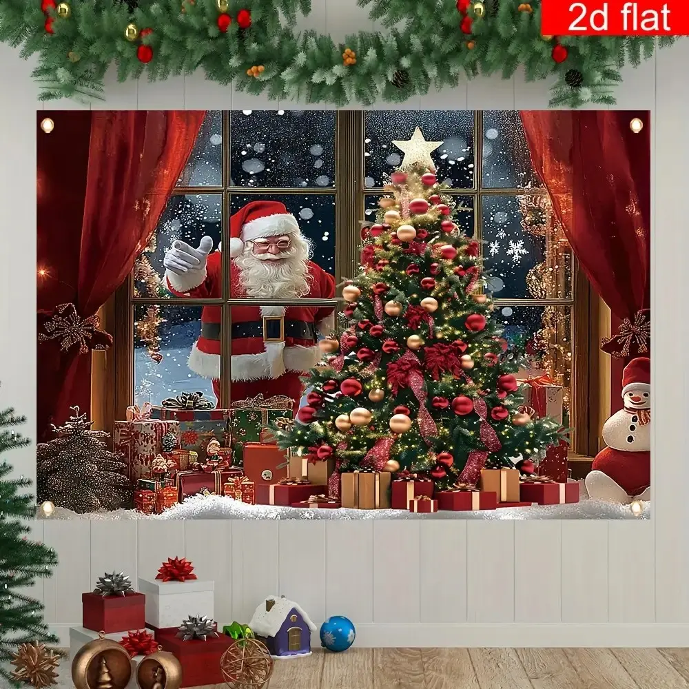 2D Plane Banner, Christmas Decoration Banner, Festive Pattern, Polyester Material, Snowy Scene Santa Pattern, Winter New Year Home Wall Outdoor Hanging Party Photo Background, Snowy Scene Backdrop