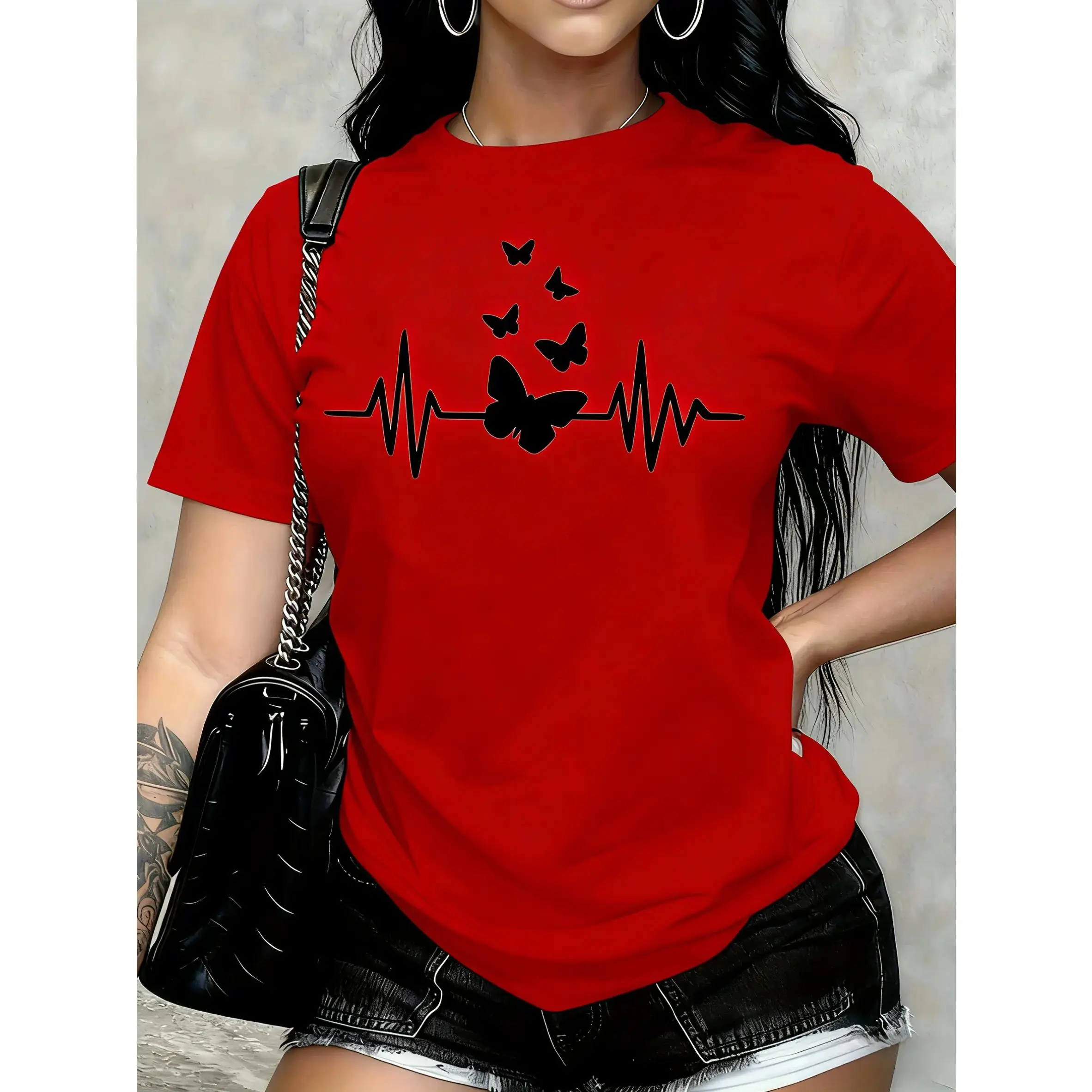 Women's 100% Cotton Short-Sleeve T-Shirt - Round Neck, All Over Print, Oversized Fit, True Size Run, Versatile Sports Top, Multiple Colors, Cold Machine Wash Compatible