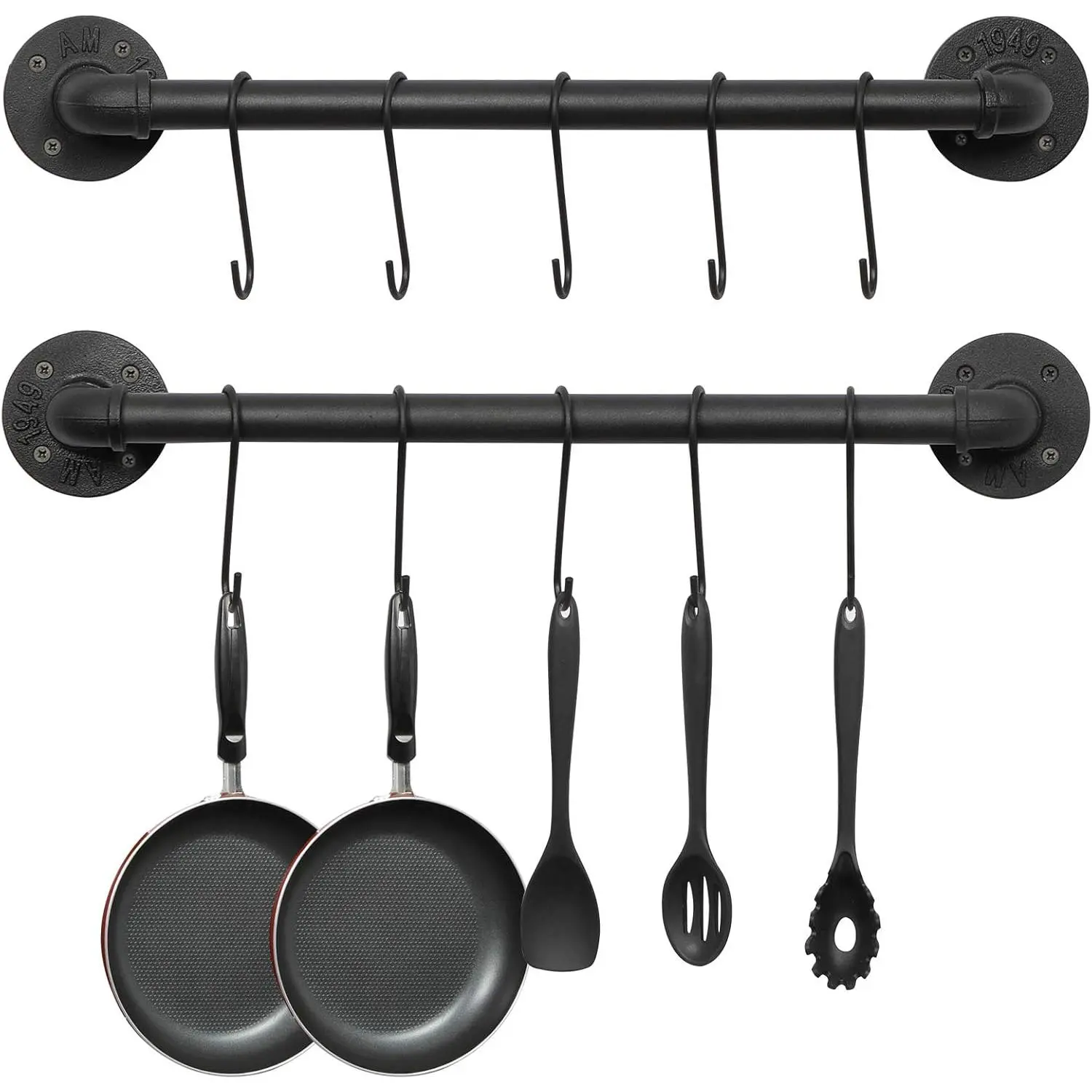 21 Inch Wall Mounted Pot Pan Rack Set of 2, Industrial Iron Pipe Kitchen Hanging Rail with 10 S Hooks for Hanging Pans and Cooking Utensils