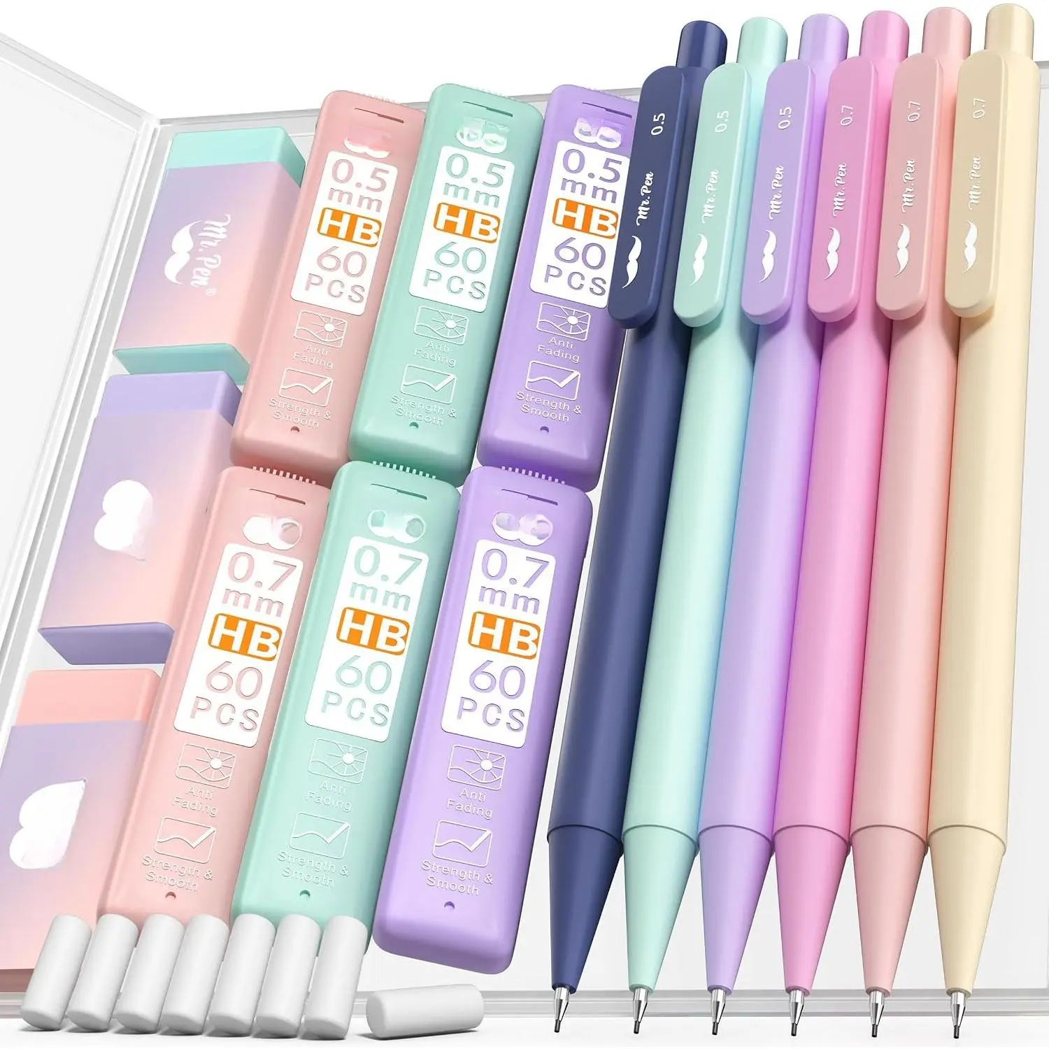 - Pastel Mechanical cil Set with Lead Refills & Erasers, 6 Pack | 2 Sizes, 0.5 & 0.7mm, 6 Tubes HB Lead Refill, 3x Erasers for School Supplies, Note Taking, Drawing, Sketching, Office